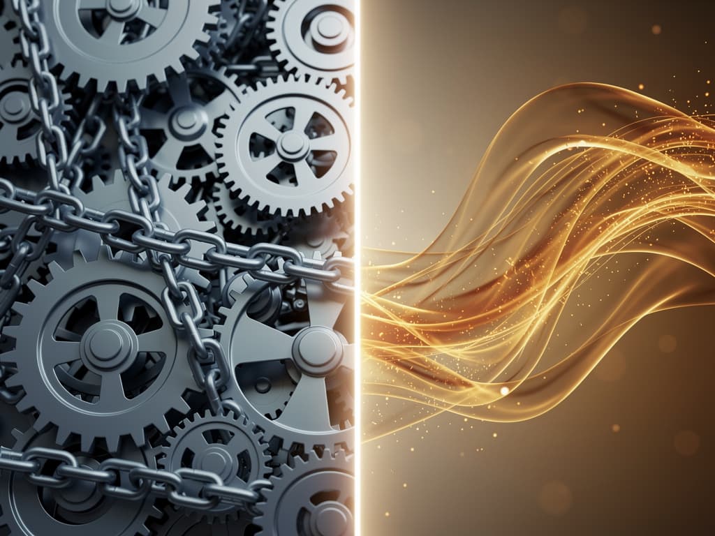 Mechanical gears versus glowing amber AI particles, old vs new automation
