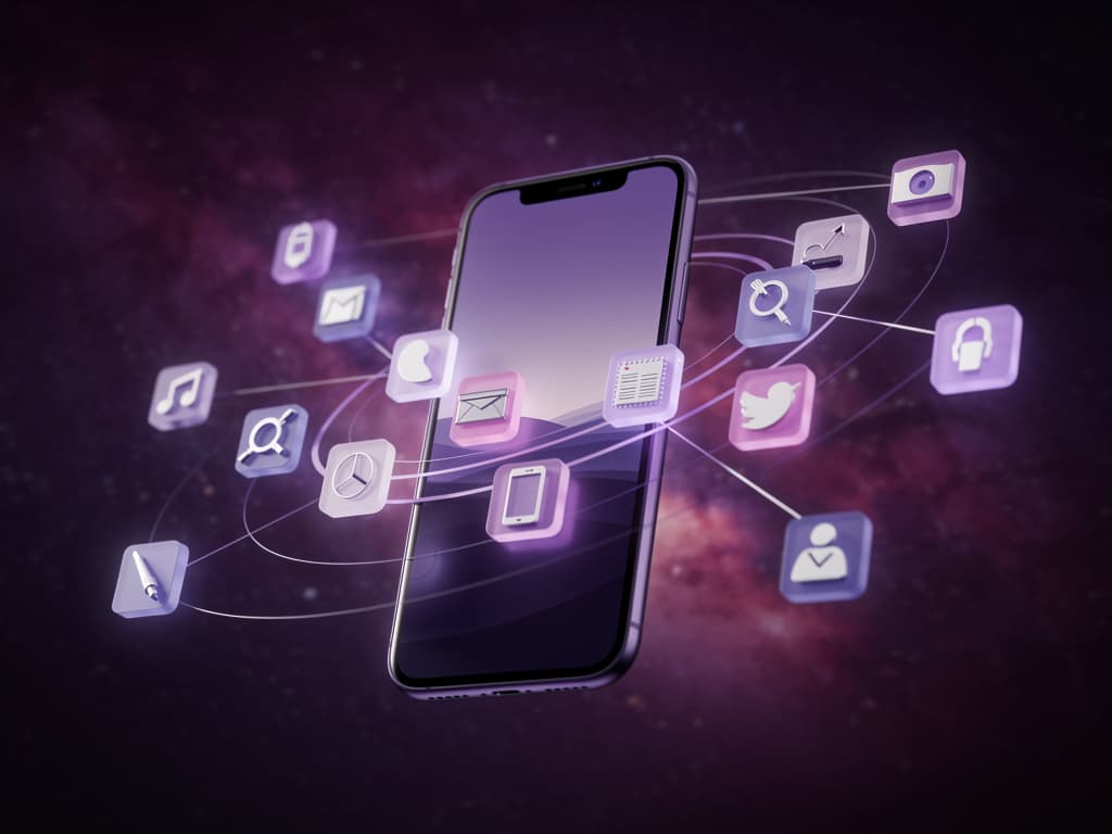 A smartphone surrounded by floating glowing automation tool icons in violet