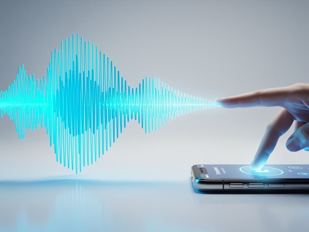 A glowing cyan voice waveform turning into a tap gesture on a phone