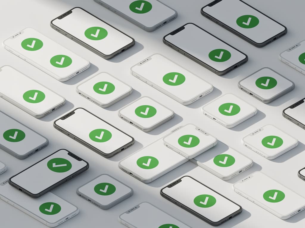 An isometric grid of phones with green checkmarks on a light background