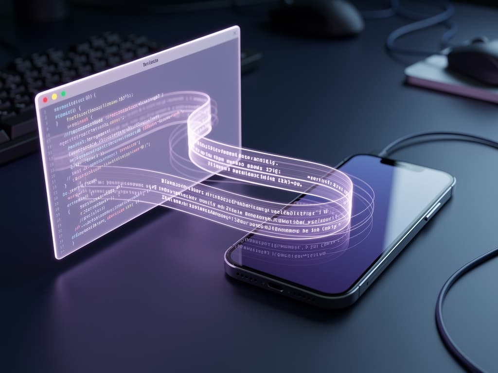 A glowing indigo terminal with code merging into a smartphone
