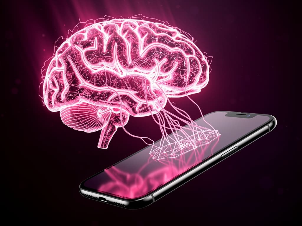 A glowing magenta AI brain reaching toward and controlling a smartphone
