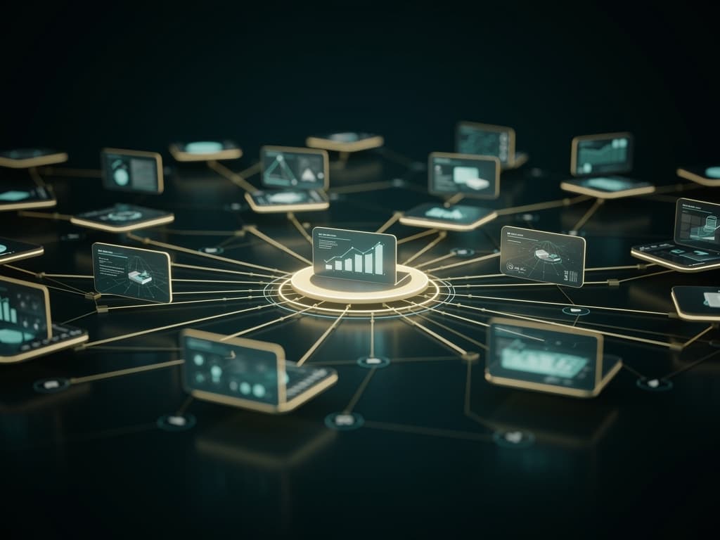 A network graph of connected glowing screen nodes with gold and teal edges