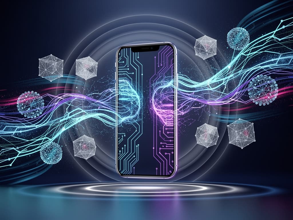 A smartphone evolving into an AI agent with electric-blue and violet circuitry