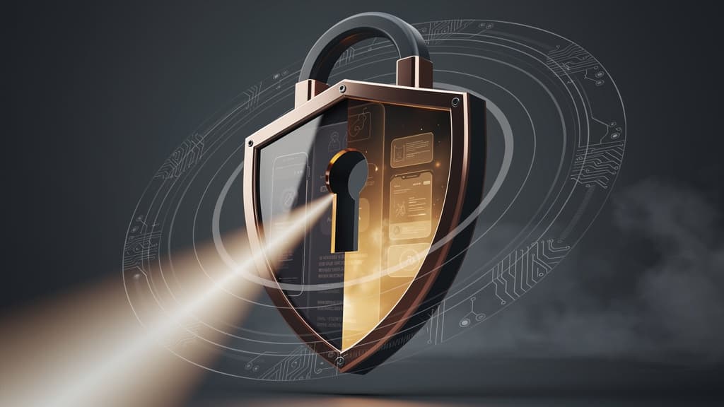 An amber and charcoal security shield fused with a smartphone screen, one verified channel of light passing through a locked gateway