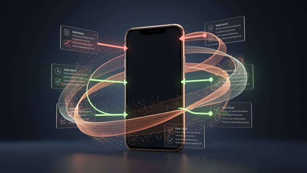 Abstract illustration of a smartphone surrounded by branching task paths, some glowing green for success and others dimmed for failure