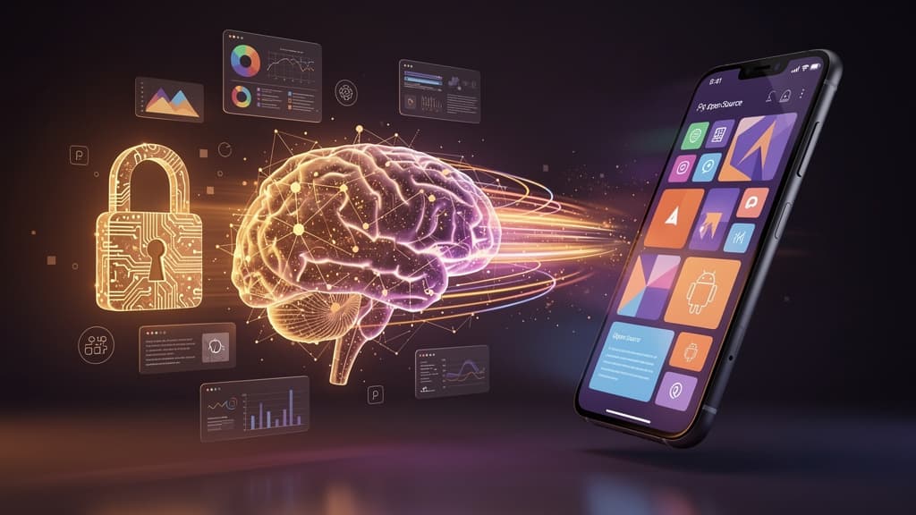 Abstract 3D illustration of an open-source AI mind controlling an Android phone via streams of light