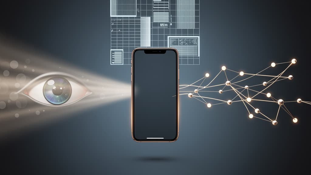 A smartphone with three converging streams of light — a camera lens beam, a structured data grid, and a network of tool nodes — representing hybrid vision, accessibility, and tool actions