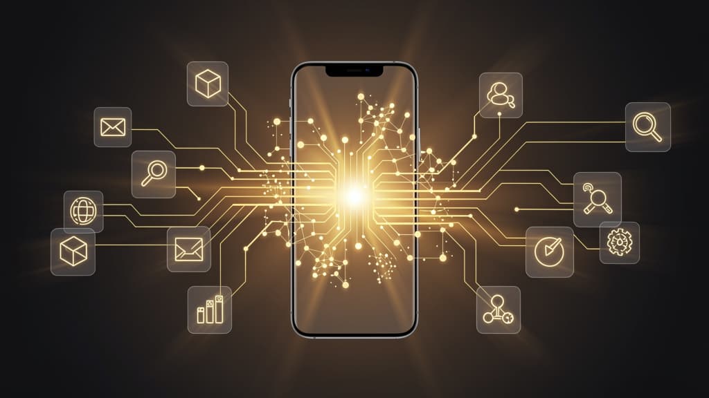 Abstract illustration of a smartphone as an intelligent OS emitting function-call pathways to floating app icons, warm amber and gold tones