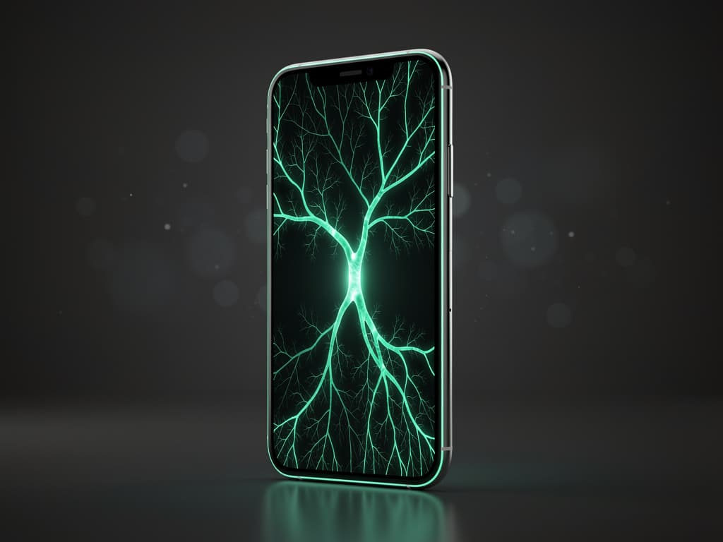 A smartphone with glowing green AI connections flowing from its screen