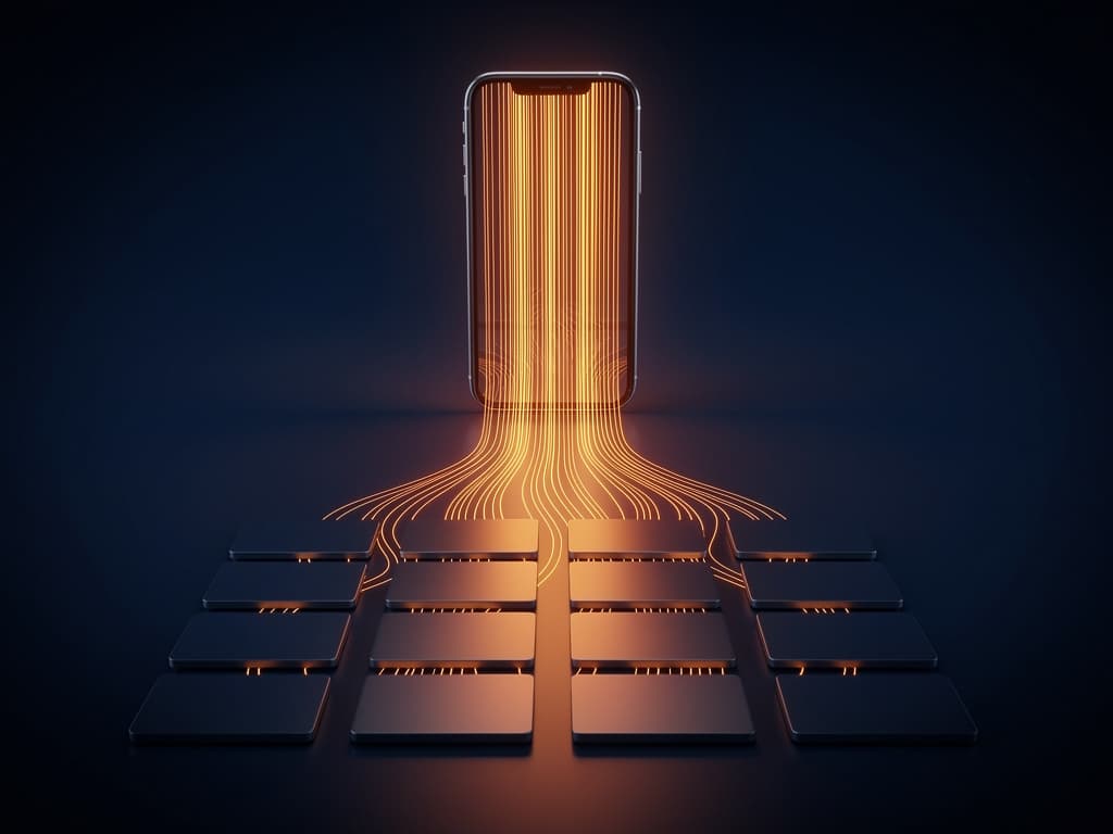 Warm orange data streams flowing out of a smartphone app into rows