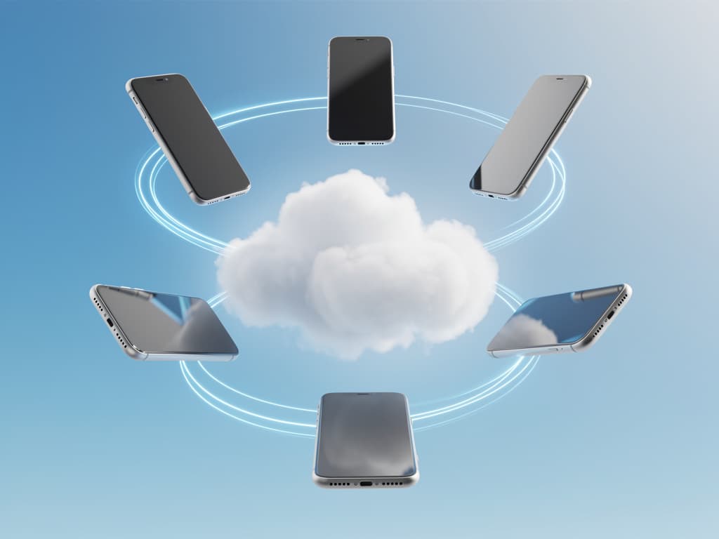 Phones floating around a soft white cloud connected by blue light