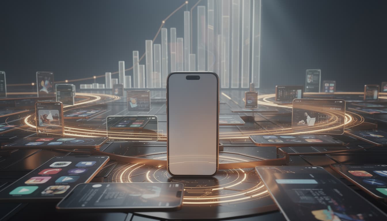 A smartphone navigating an obstacle course of interconnected app windows with a rising scoreboard, representing the MobileWorld cross-app benchmark